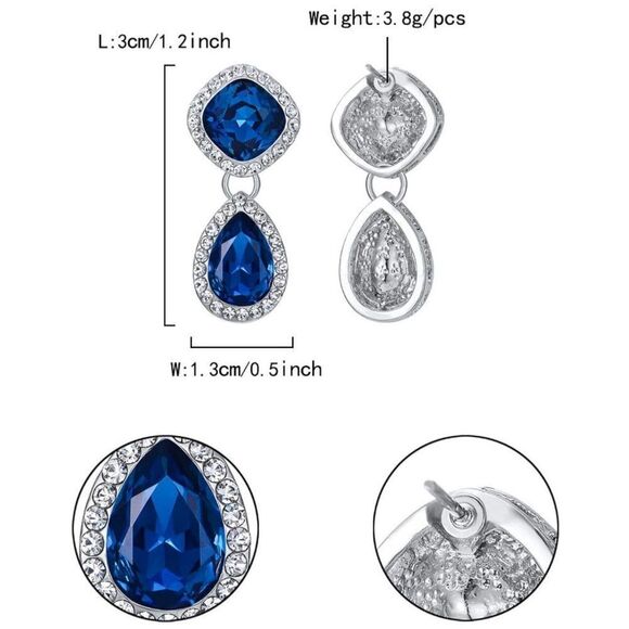 Silver with London Blue Topaz Austrian Crystal Rhombus Teardrop Post Earrings - Picture 4 of 4